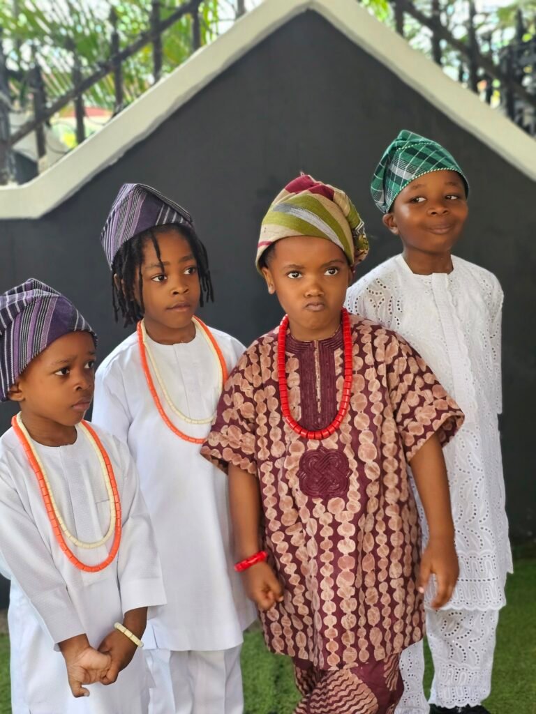Pupils dressed in traditional Nigerian attire for a school celebration
