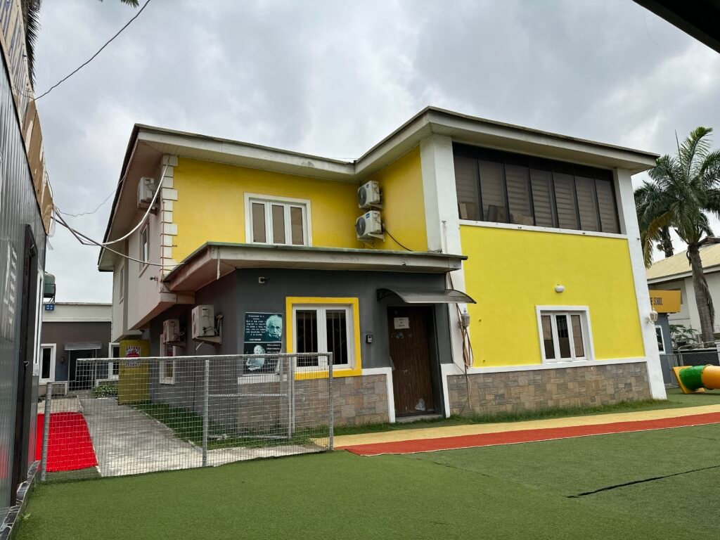 The school building and lawn